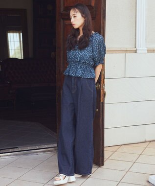 earth music&ecology フラワー刺繍フリルヘムブラウス Navy