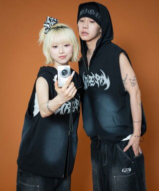 WEGO ノースリーブグラフィックZIPパーカー ブラック