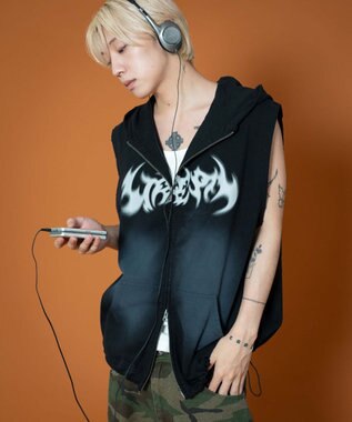 WEGO ノースリーブグラフィックZIPパーカー ブラック