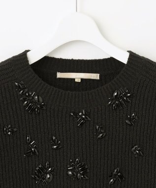 自由区 【洗える】テクスチャーコットンブレンド ビジューデザインニット ネイビー系