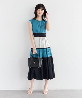 YECCA VECCA マルチカラーシャーリングワンピース Blue Green