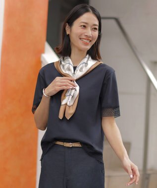 J.PRESS LADIES 【一枚で着映え】コットンスムース レース カットソー ネイビー系
