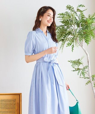 Tiaclasse 【洗える】小顔効果も叶えるスキッパーシャツワンピース サックスストライプ