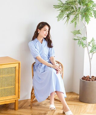 Tiaclasse 【洗える】小顔効果も叶えるスキッパーシャツワンピース サックスストライプ