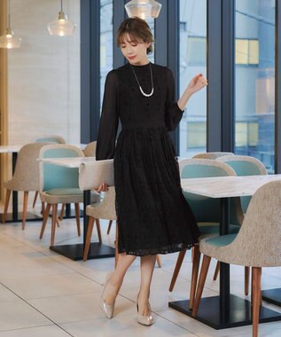 Tiaclasse 【洗える】レースコンビフレアワンピース ブラック