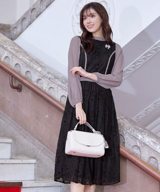 Tiaclasse 【洗える】レースコンビフレアワンピース モカブラック
