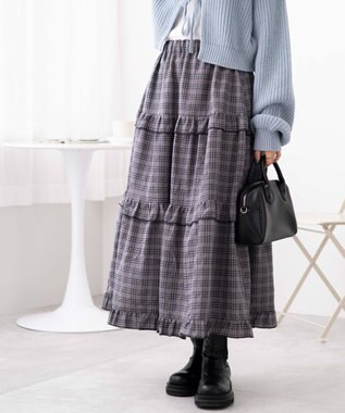 WEGO 【ウエストゴム】フリルティアードボリュームスカート グレーチェック1