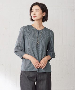 J.PRESS LADIES ストライプジャカード Vネック カットソー グリーン系1