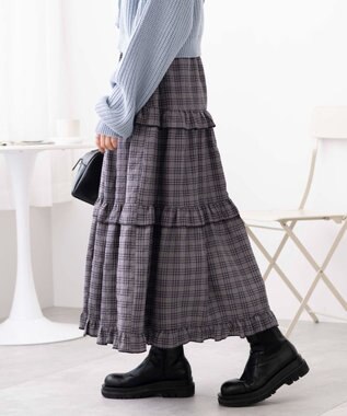 WEGO 【ウエストゴム】フリルティアードボリュームスカート グレーチェック1