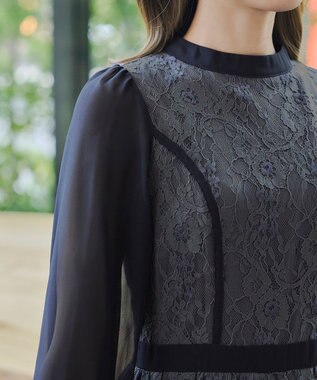 Tiaclasse 【洗える】レースコンビフレアワンピース ネイビーグレー