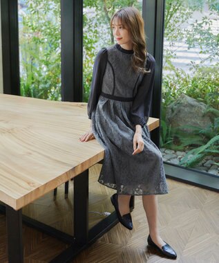 Tiaclasse 【洗える】レースコンビフレアワンピース ネイビーグレー