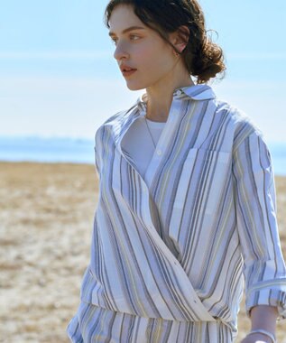 J.PRESS LADIES L 【一枚で着映え・セット着用可】リネンMIX ストライプ シャツ ブラウス ブルーマルチ系