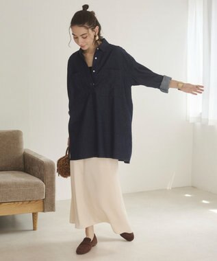 WEGO 【ANGIE VINTAGE】襟が選べる デニム チュニック シャツ （バンドカラー/レギュラーカラー） Dブルー