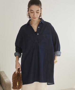 WEGO 【ANGIE VINTAGE】襟が選べる デニム チュニック シャツ （バンドカラー/レギュラーカラー） Dブルー