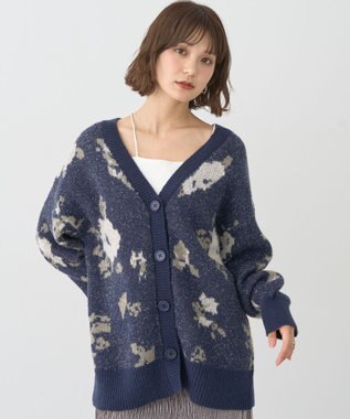 earth music&ecology フラワージャガードラメシャギーカーディガン Navy