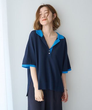 YECCA VECCA 配色ワイドポロニット Navy