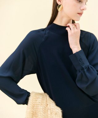 BEIGE， 【WEB限定・洗える】LECERF / 異素材ドッキングストレッチニット Navy