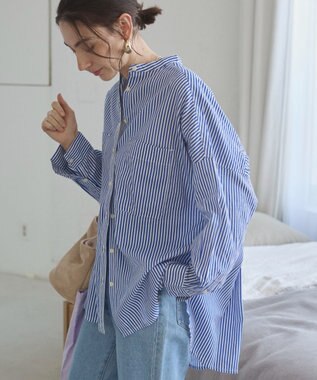 WEGO 着丈が選べる オーバーサイズ バンドカラー シャツ / ストライプ / 無地 ブルーストライプ