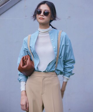 23区 L 【洗える】CANCLINI バンドカラー シャツ グリーンストライプ