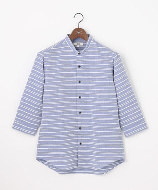 JOSEPH ABBOUD 【キングサイズ・リネンブレンド】コットンリネン ボイルコード 七分袖 バンドカラー シャツ サックスブルー系1