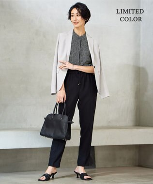 ICB 【新色追加・接触冷感・UVケア・速乾・洗える】BackSatinAmunzen 5分袖バンドカラーブラウス ブラックプリント系［WEB限定］