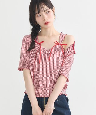 earth music&ecology ＳＥＴ２点ギンガムメロ－カーデ＋リボンタンク