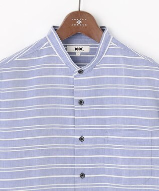 JOSEPH ABBOUD 【キングサイズ・リネンブレンド】コットンリネン ボイルコード 七分袖 バンドカラー シャツ サックスブルー系1