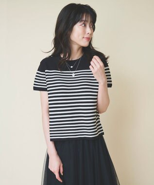 ANY クロップド丈ガーターニット クロベース×エクリュライン