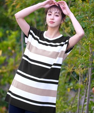 Tiaclasse 【洗える】マルチボーダーフレンチニットチュニック ブラック×オフ×モカ