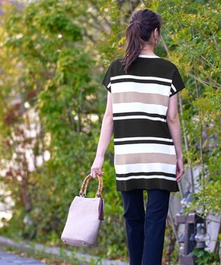 Tiaclasse 【洗える】マルチボーダーフレンチニットチュニック ブラック×オフ×モカ