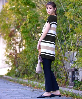 Tiaclasse 【洗える】マルチボーダーフレンチニットチュニック ブラック×オフ×モカ