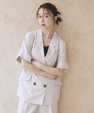 earth music&ecology 【セットアップ対応】リネンライクダブルジャケット Stripe Ivory