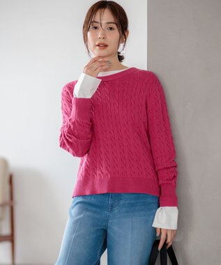 組曲 L 【前後着用可】コットンカシミヤ混2WAYケーブル ニット ラズベリー系