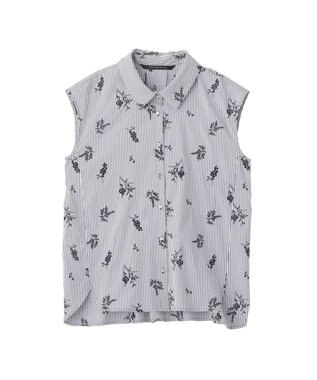 YECCA VECCA ストライプ柄フラワー刺繍シャツ Navy