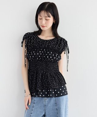 YECCA VECCA ドットMIXシャーリングブラウス Black