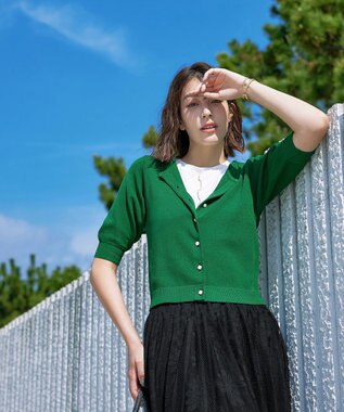 Tiaclasse L  【洗える】ハーフスリーブサマーニットカーディガン グリーン