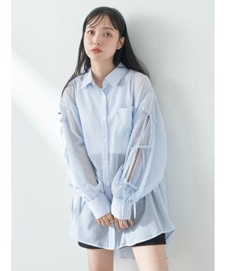 earth music&ecology 袖スリットリボンロングシャツ Sax