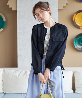 Tiaclasse メッシュジャガードノーカラーブルゾン ネイビー