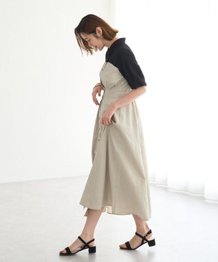 YECCA VECCA ハーフスリーブベアドッキングワンピース Stripe