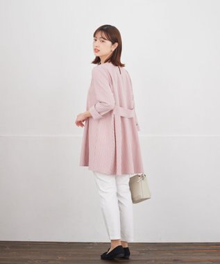 Tiaclasse L 【おのののかさん着用】半袖＆七分袖選べる袖丈バックフレアチュニック 新色 七分袖ピンクストライプ