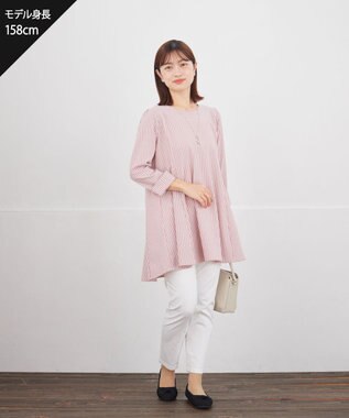 Tiaclasse L 【おのののかさん着用】半袖＆七分袖選べる袖丈バックフレアチュニック 新色 七分袖ピンクストライプ