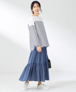 ANY 【ウエストゴム】シャンブレーライクティアード スカート ブルー系