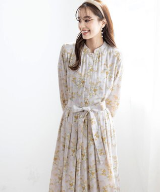 Tiaclasse L 【洗える】花柄フレアワンピース グレージュ