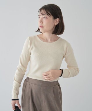 Green Parks もちっと袖配色ボートネックニットプルオーハ Ecru