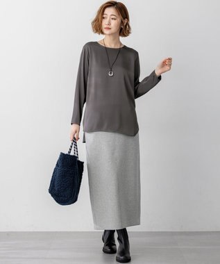 23区 L 【洗える】サテン ロングスリーブ Tシャツ グレー系