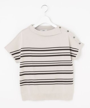 J.PRESS LADIES 【WEB限定カラーあり・洗える・抗菌防臭】COTTON POLYESTER ボーダー 襟付き ニット グレージュ×ブラウン系