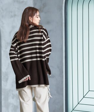 Tiaclasse 【洗える】ハイネックボーダープルオーバー ブラウン