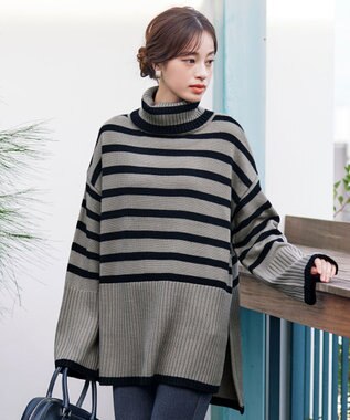 Tiaclasse 【洗える】ハイネックボーダープルオーバー グレー