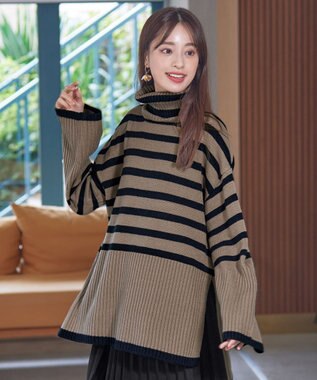 Tiaclasse 【洗える】ハイネックボーダープルオーバー グレージュ