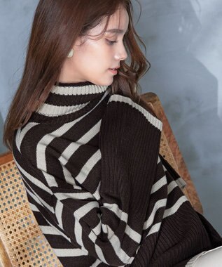 Tiaclasse 【洗える】ハイネックボーダープルオーバー ブラウン